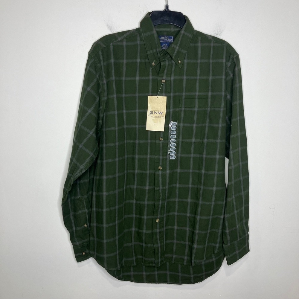 The great northwest button down shirt green plaid men's size medium 100% cotton‎